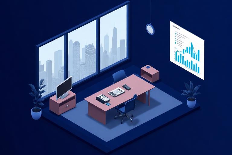 Ilustração isométrica de sala executiva com vista da cidade