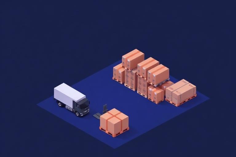Ilustração isométrica de armazém logístico com caminhão